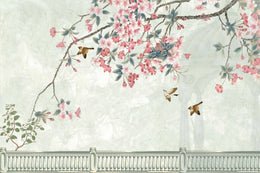 Chinoiserie Bird and Flower | Pink Cherry Blossom Peel and Stick Wallpaper image 6