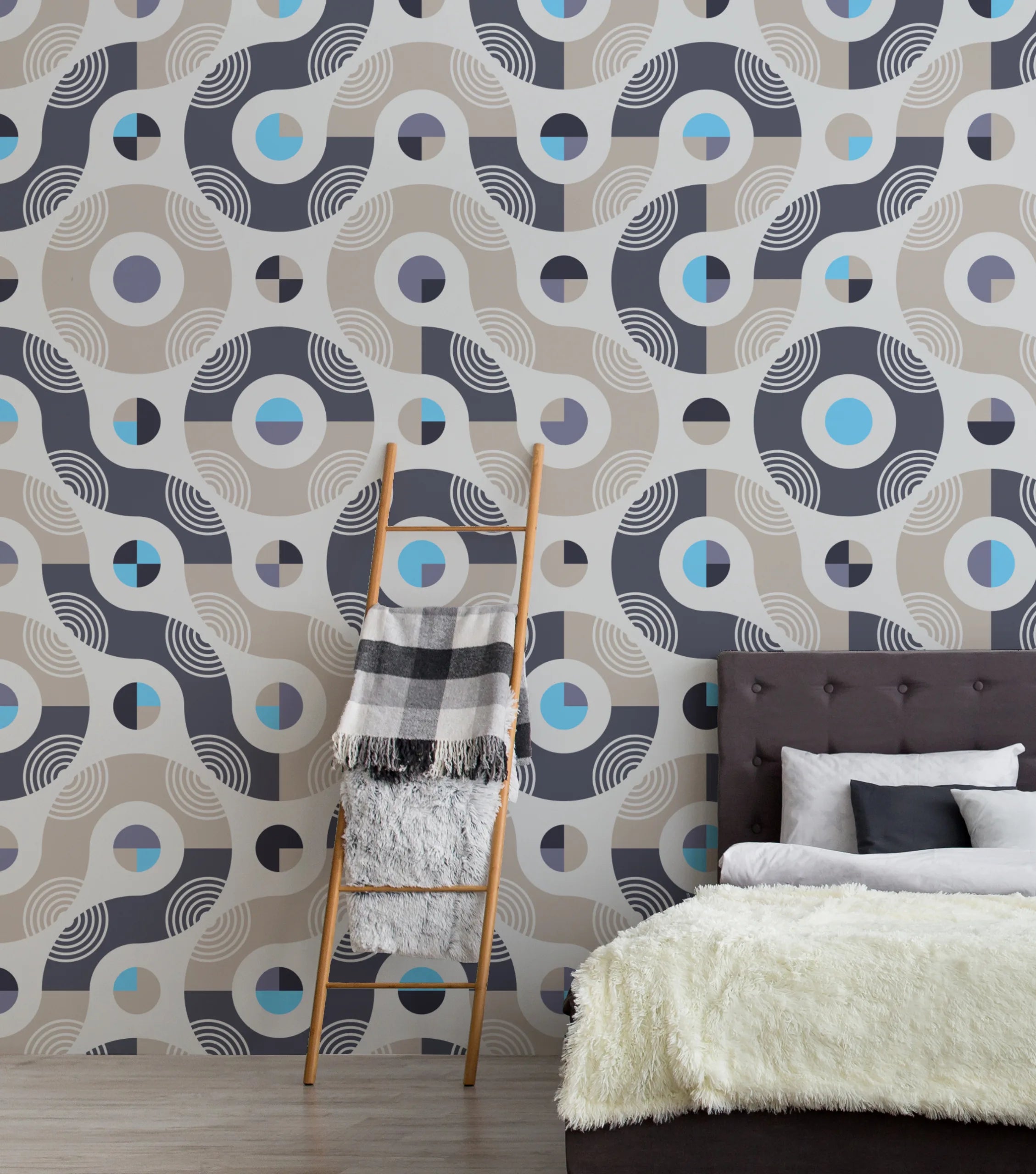 Retro Geometric Wallpaper| Navy Beige Abstract Removable Living Room Decor image 1