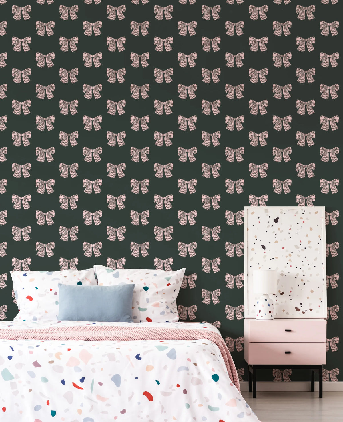 Cute Pink Bow Pattern Wall Covering| Dark Green Peel and Stick Wallpaper