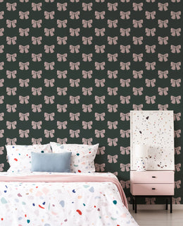 Cute Pink Bow Pattern Wall Covering| Dark Green Peel and Stick Wallpaper image 0
