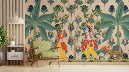 Radha Krishna Pichwai Indian Wallpaper | Pooja Room Peel and Stick Wallpaper image 3