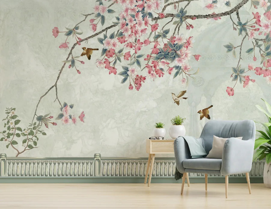 Chinoiserie Bird and Flower | Pink Cherry Blossom Peel and Stick Wallpaper image 5