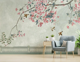 Chinoiserie Bird and Flower | Pink Cherry Blossom Peel and Stick Wallpaper image 5