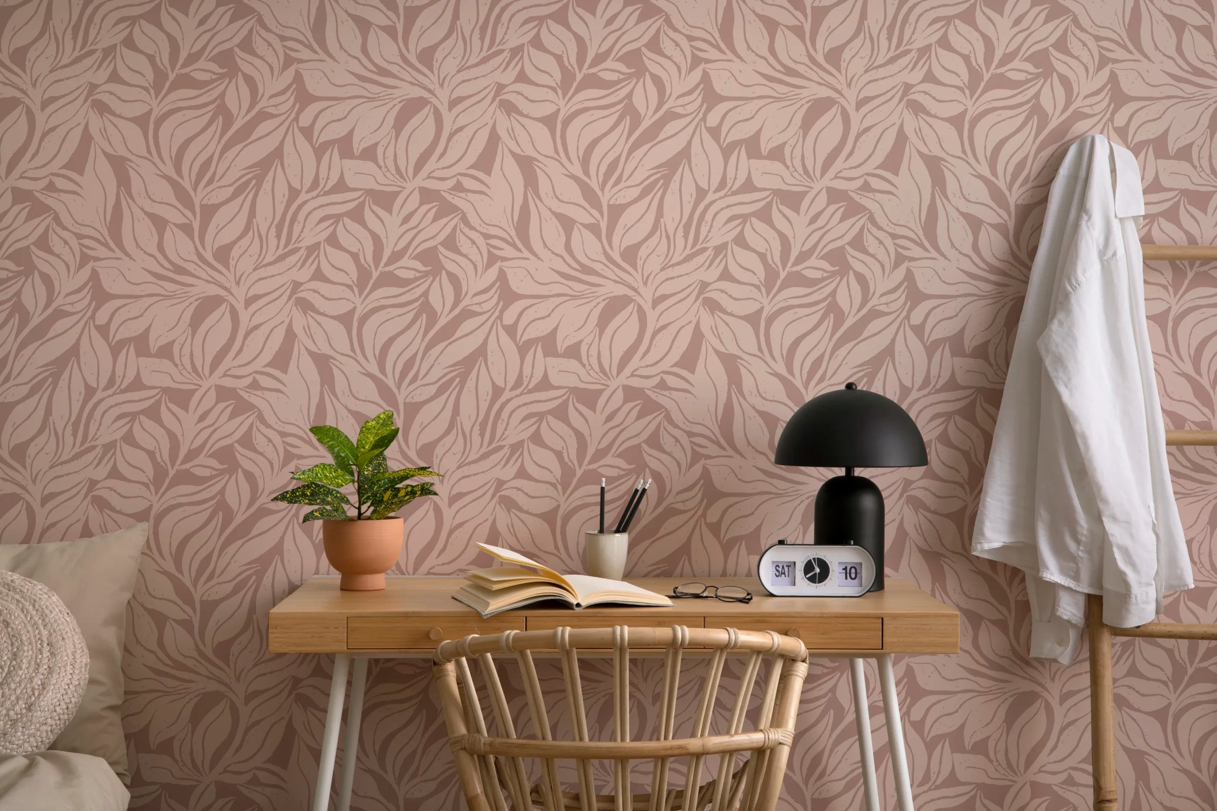 Neutral Leaf Wallpaper | Taupe Beige Botanical Leaves Peel and Stick image 2
