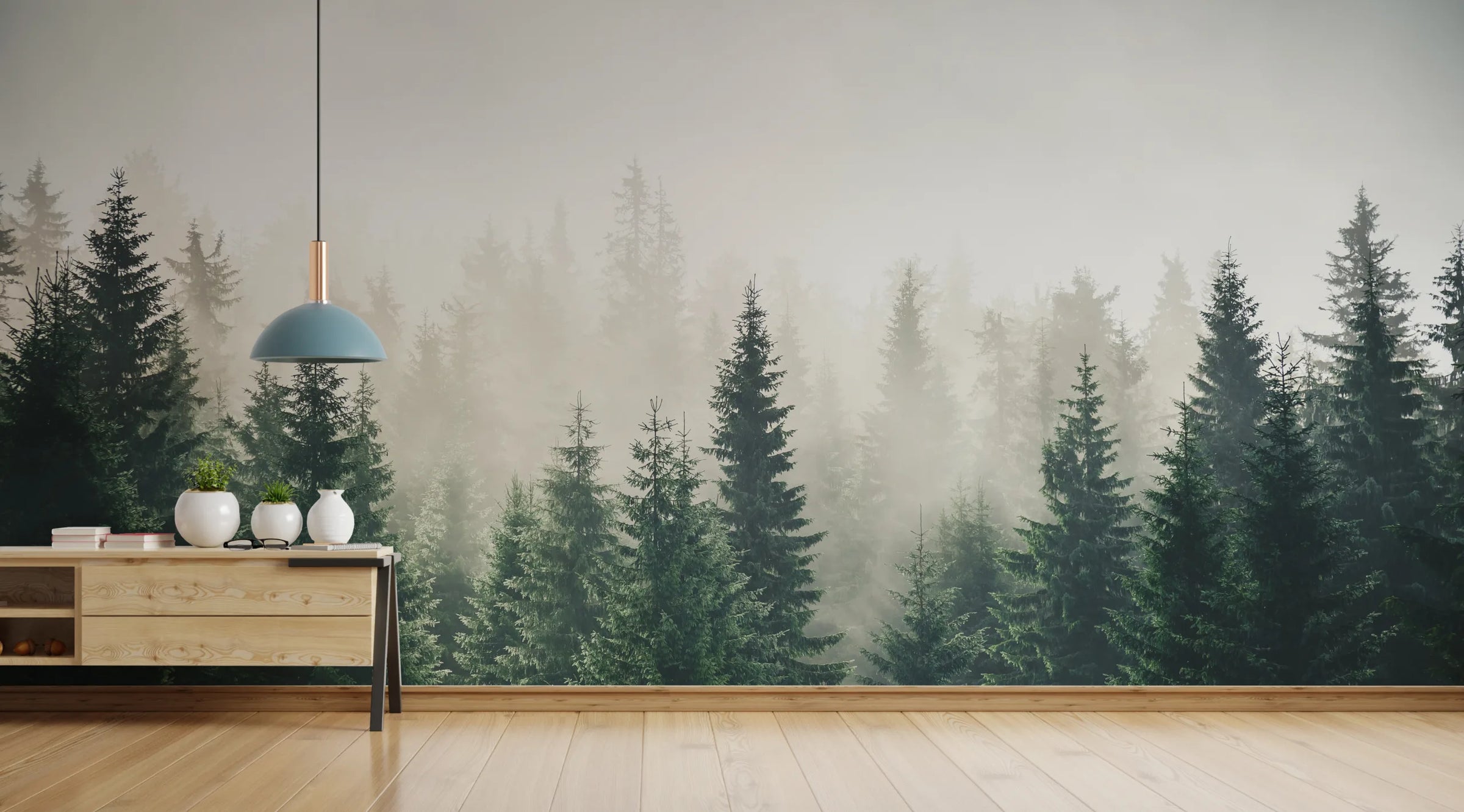 Lush Green Foggy Forest Wallpaper Mural image 2