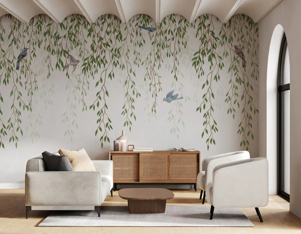 Willow Branches Hanging Leaves Birds Wallpaper image 1