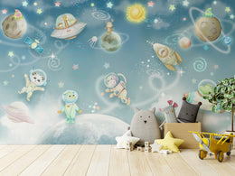 Galaxy Animal Wallpaper | Blue Space Nursery Peel and Stick Wall Mural image 2