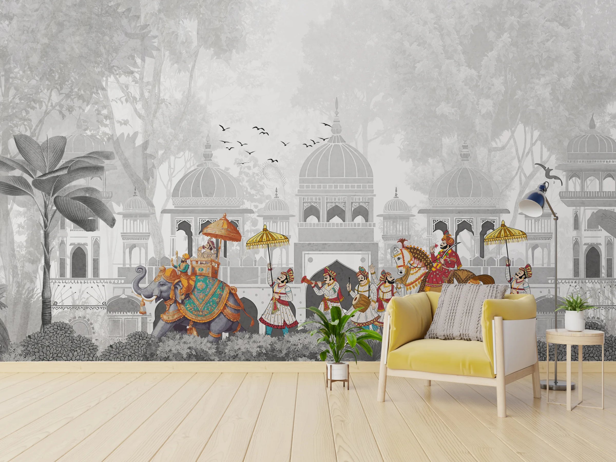 Indian Royal Procession|Gray Mughal Peel and Stick Wallpaper image 3
