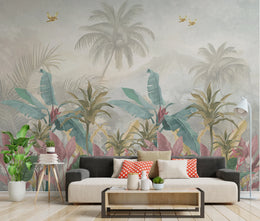 Tropical Rainforest | Pink Green Leaf Removable Wall Covering image 2
