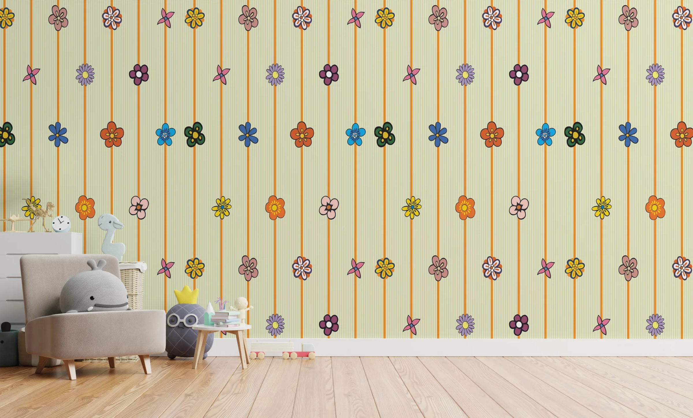 Floral Stripe Wallpaper | Yellow Kids Room Cute Peel & Stick Decor image 5
