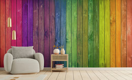 Colorful Wood Stripe Wall Mural | Rainbow Self Adhesive Wallpaper image 3