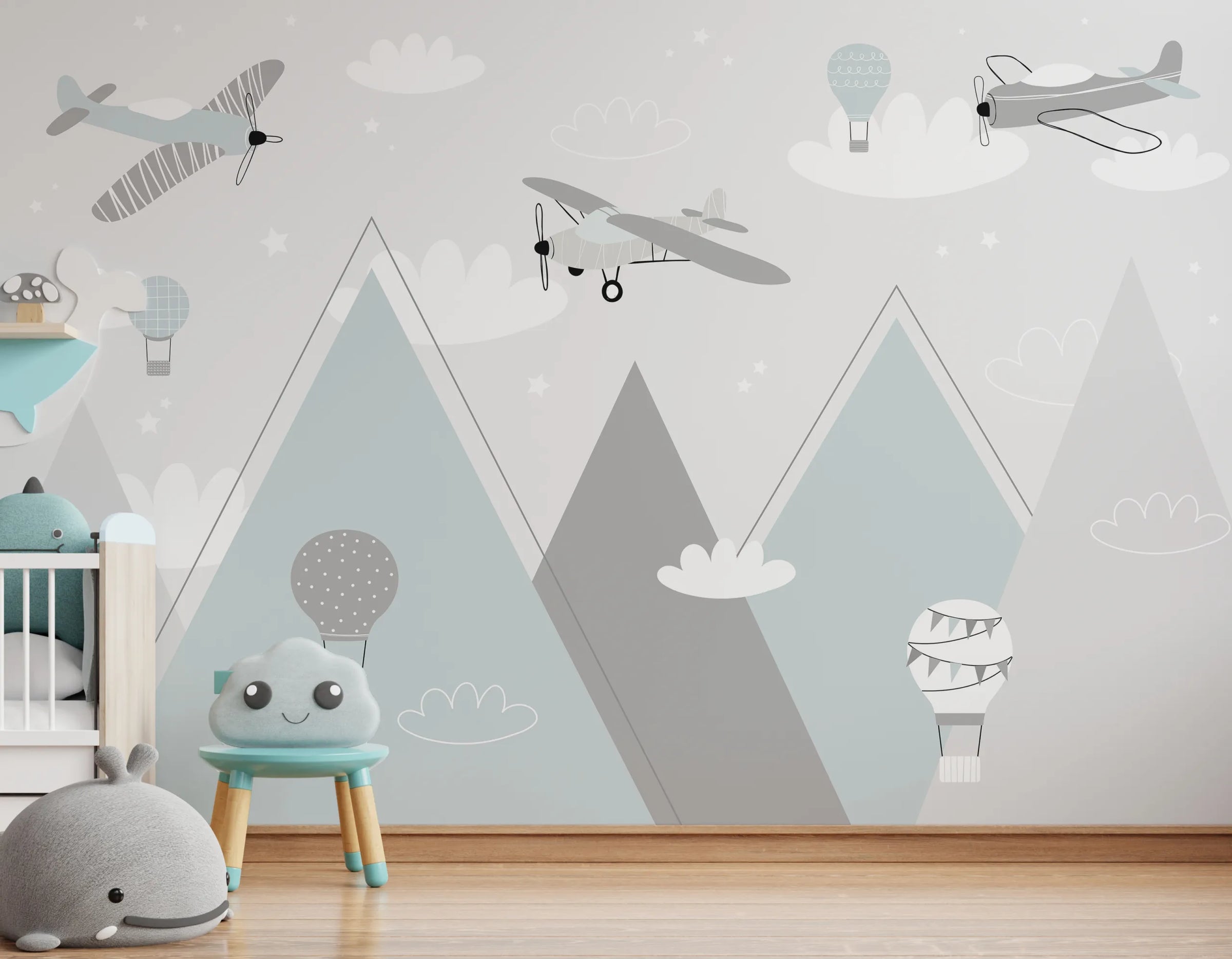 Mountain Adventure Gray Kids Mural| Airplane Air Balloon Removable Wallpaper image 1