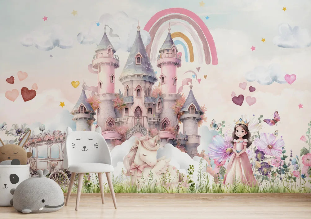 Pink Castle Kids Wallpaper with Rainbow Unicorns | Peel and Stick Wall Mural image 0