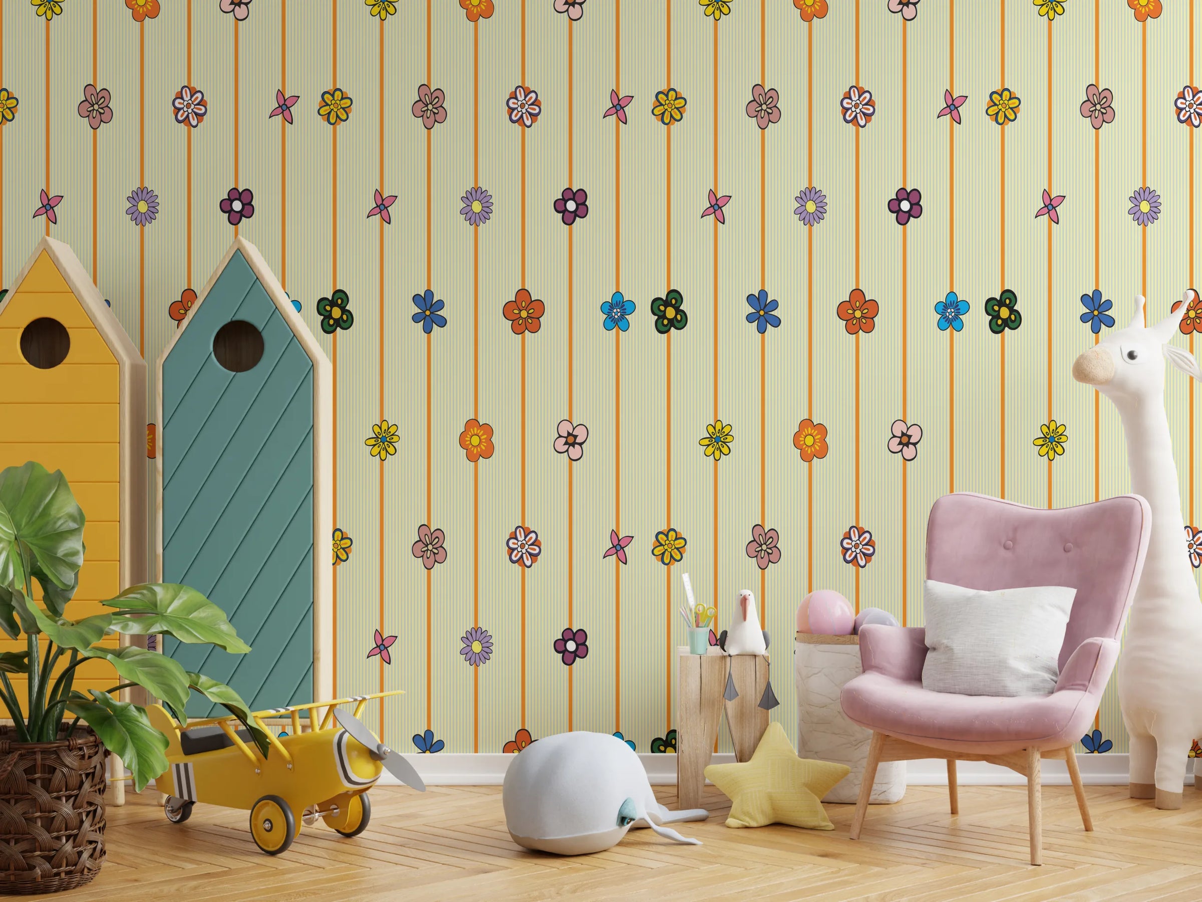 Floral Stripe Wallpaper | Yellow Kids Room Cute Peel & Stick Decor image 3