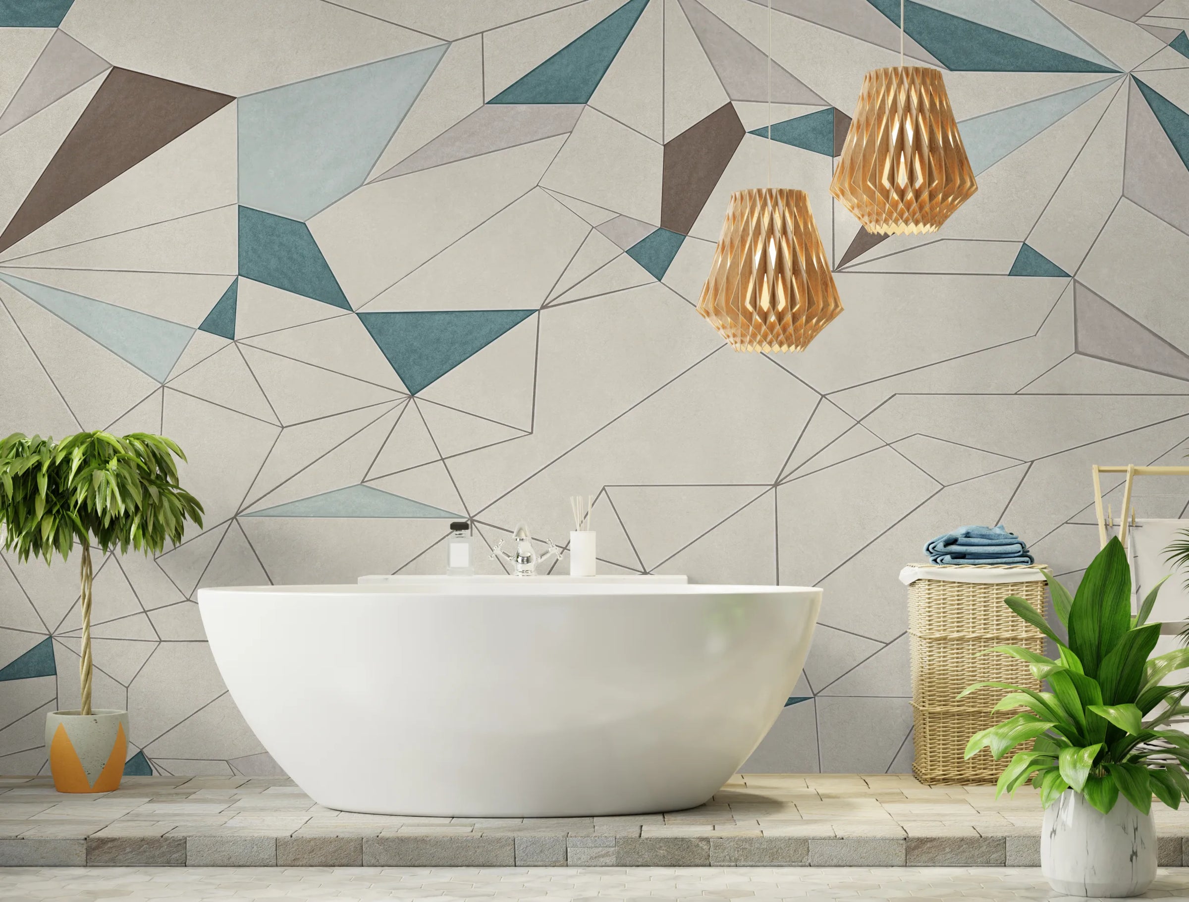 Abstract Geometric Wall Covering | Teal Beige Removable Modern Wallpaper image 5