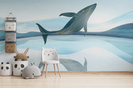 Golden-Line Whale Design|Aqua & Navy Ocean Removable Wallpaper image 4