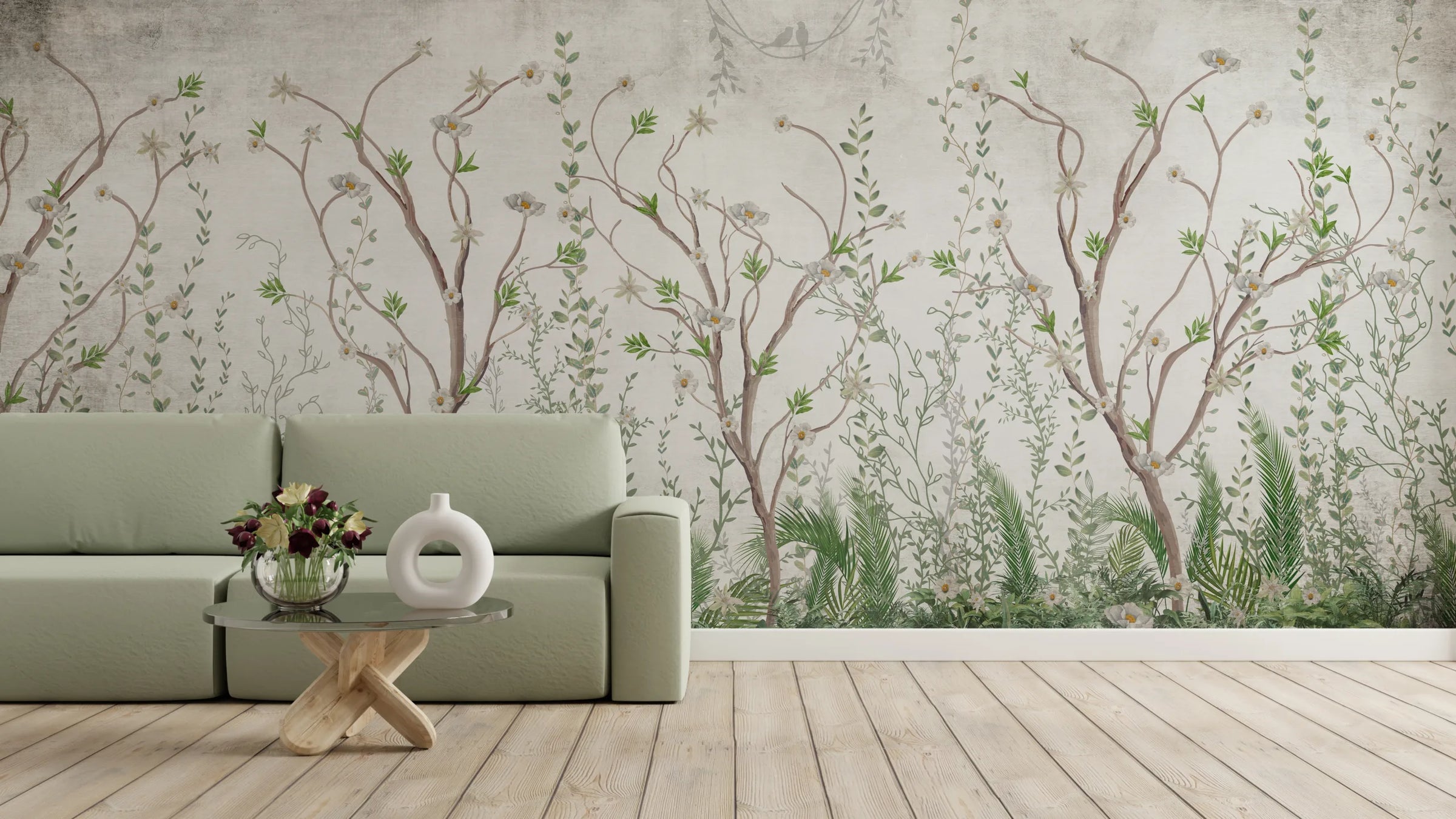 Handpainted Chinoiserie Wallpaper | Botanical Tree Mural Removable Design image 2