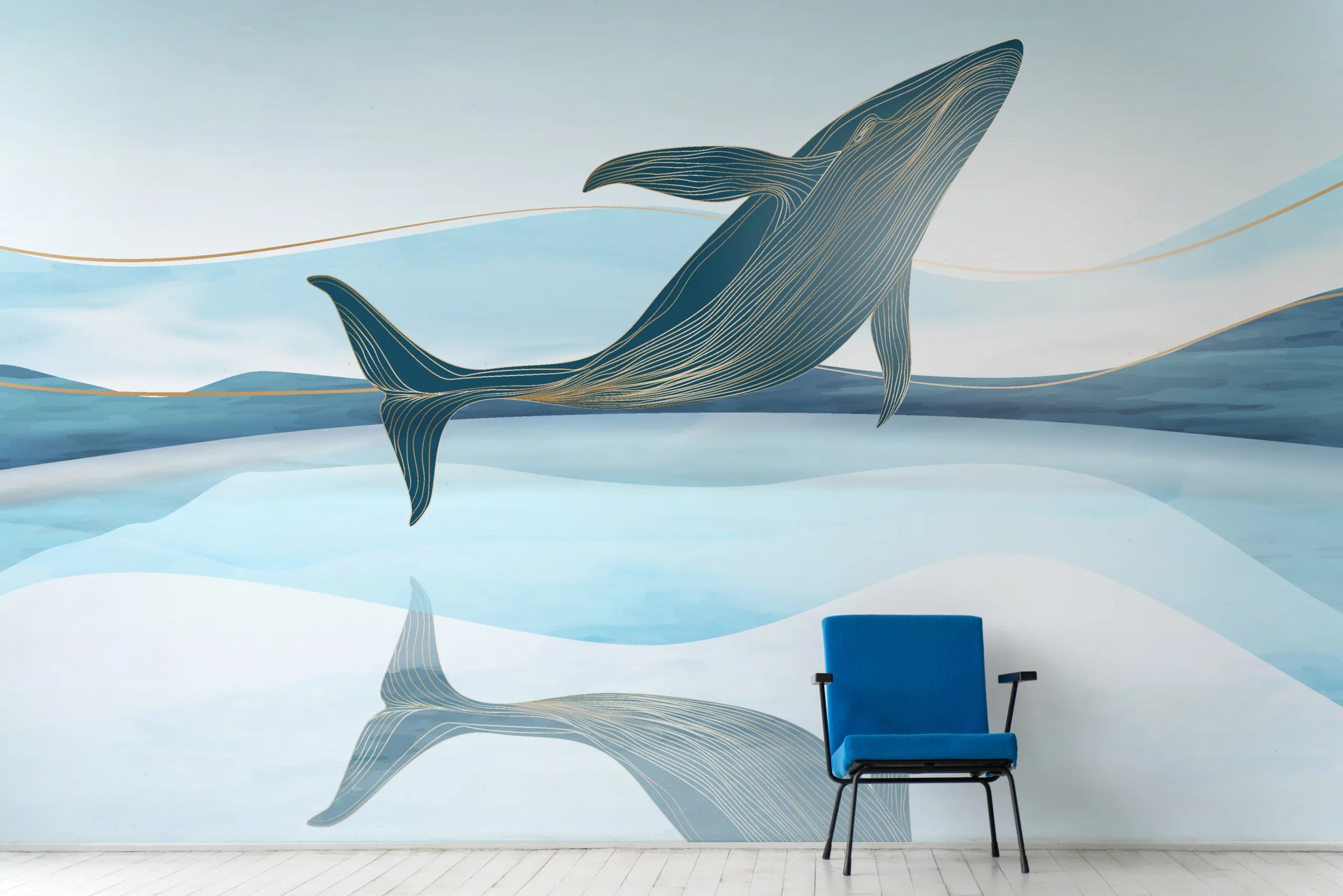 Golden-Line Whale Design|Aqua & Navy Ocean Removable Wallpaper image 1
