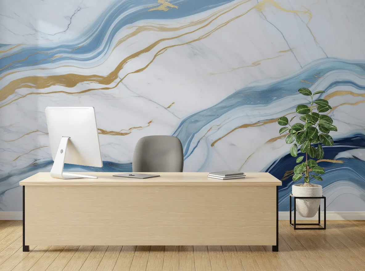 Abstract Blue Gold Marble Wall Decor| Modern Kitchen Removable Wallpaper image 2