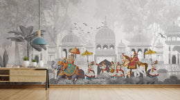 Indian Royal Procession|Gray Mughal Peel and Stick Wallpaper image 0