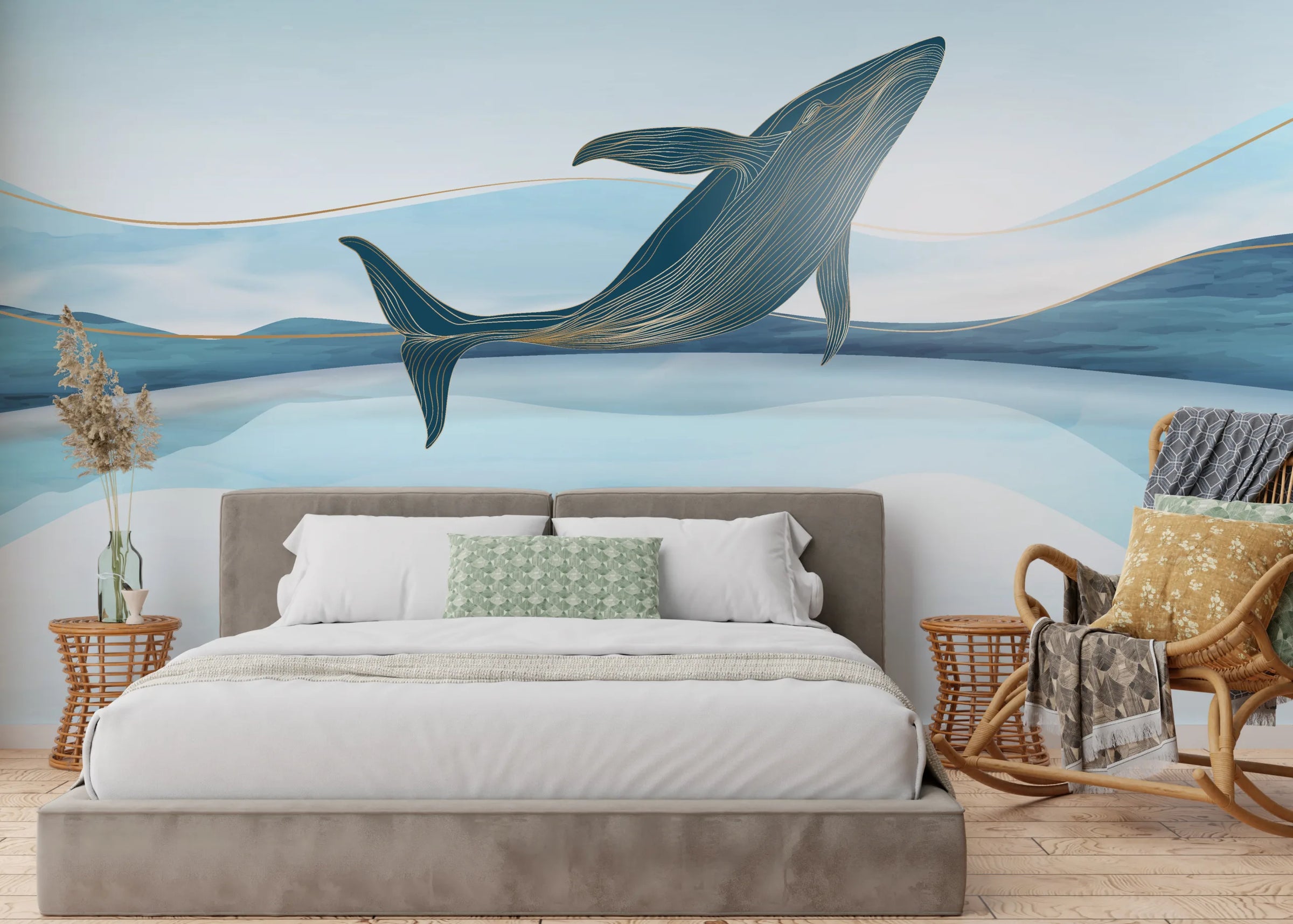 Golden-Line Whale Design|Aqua & Navy Ocean Removable Wallpaper image 2