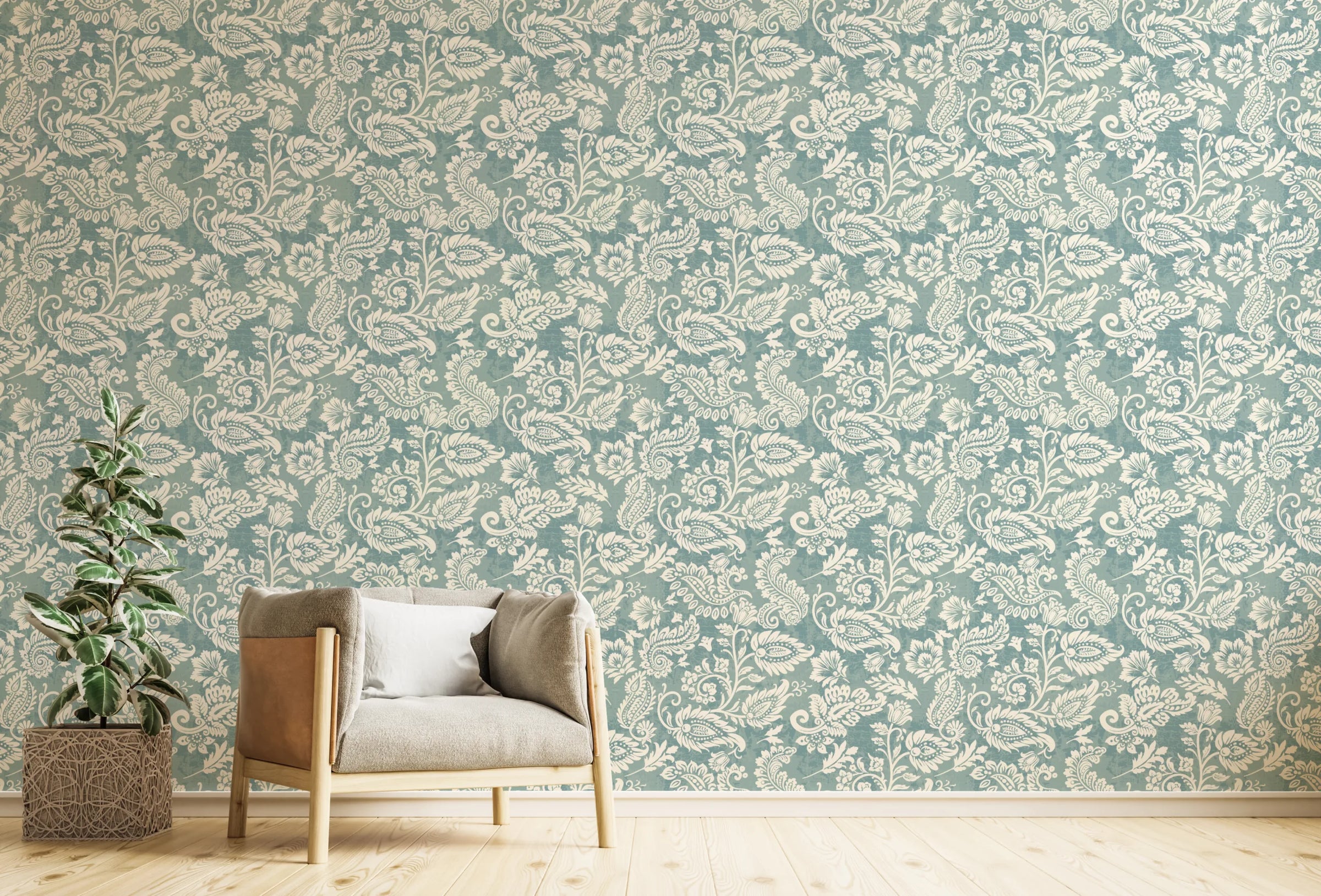 Vintage Teal Floral Living Room Peel and Stick Wallpaper image 1