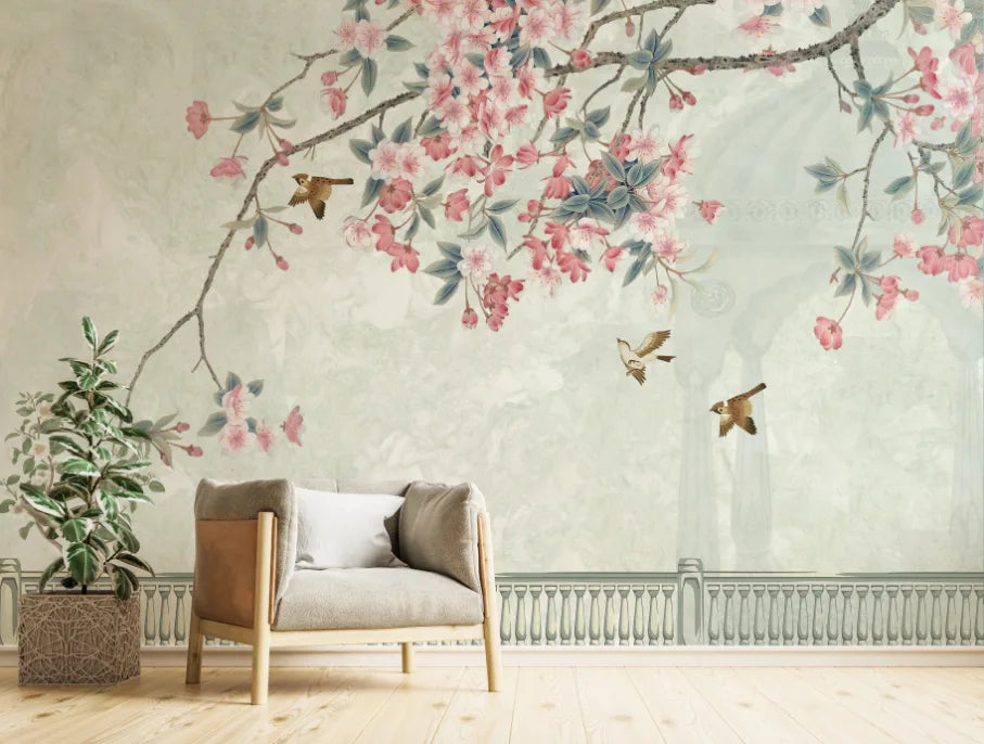 Chinoiserie Bird and Flower | Pink Cherry Blossom Peel and Stick Wallpaper image 3