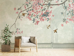 Chinoiserie Bird and Flower | Pink Cherry Blossom Peel and Stick Wallpaper image 3