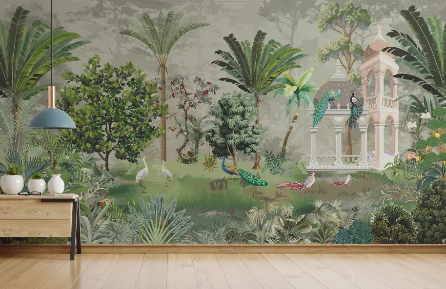 Palm Tree Green Wallpaper | Peacock Garden Indian Wallpaper image 2