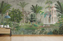 Palm Tree Green Wallpaper | Peacock Garden Indian Wallpaper image 2