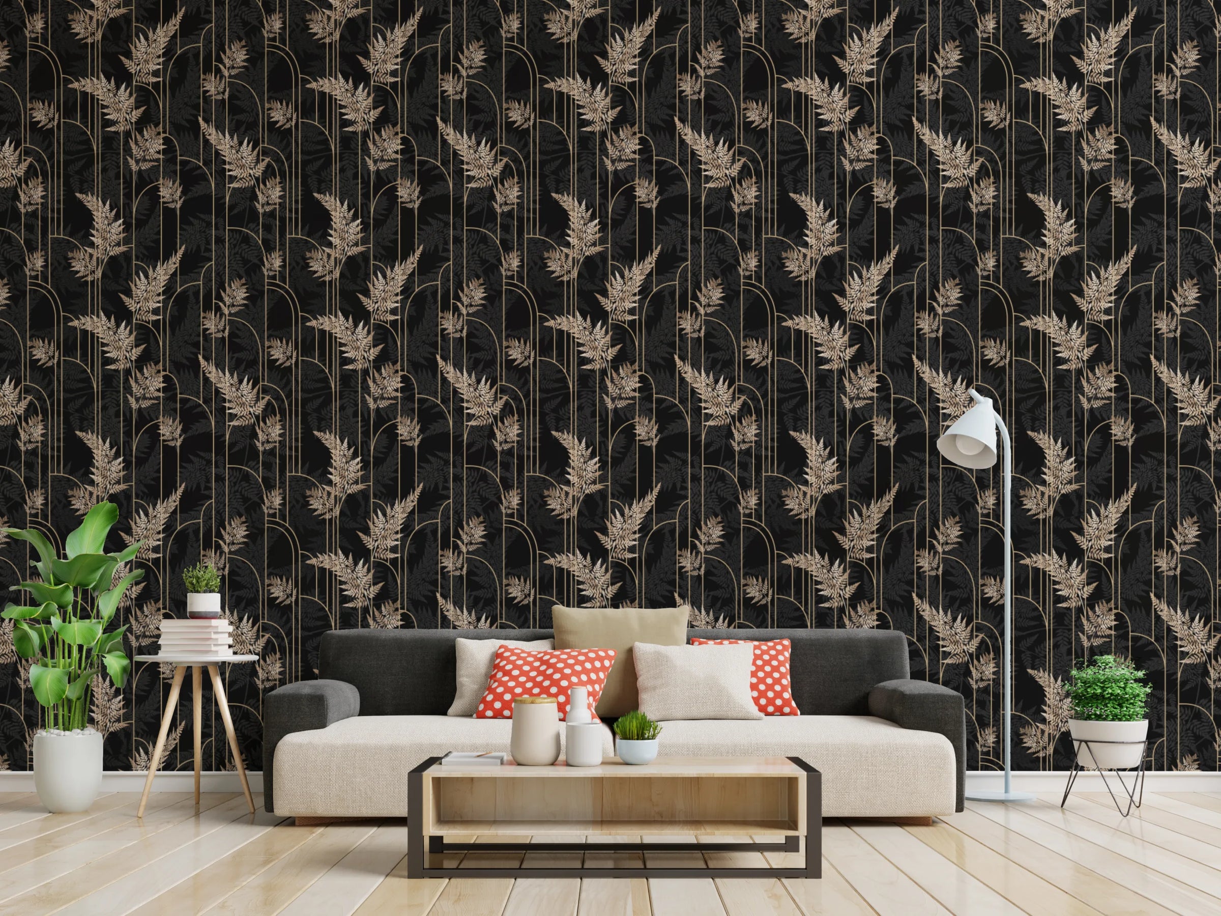 Art Deco Golden Fern Leaves Removable Wallpaper image 3