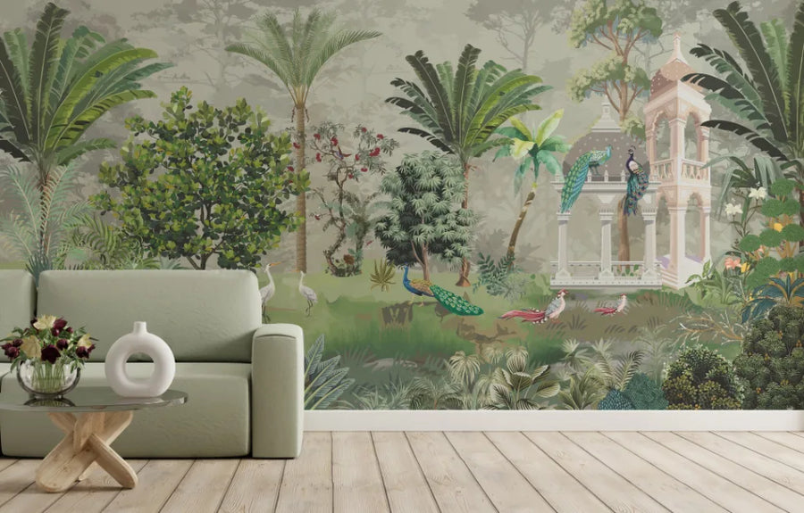 Palm Tree Green Wallpaper | Peacock Garden Indian Wallpaper
