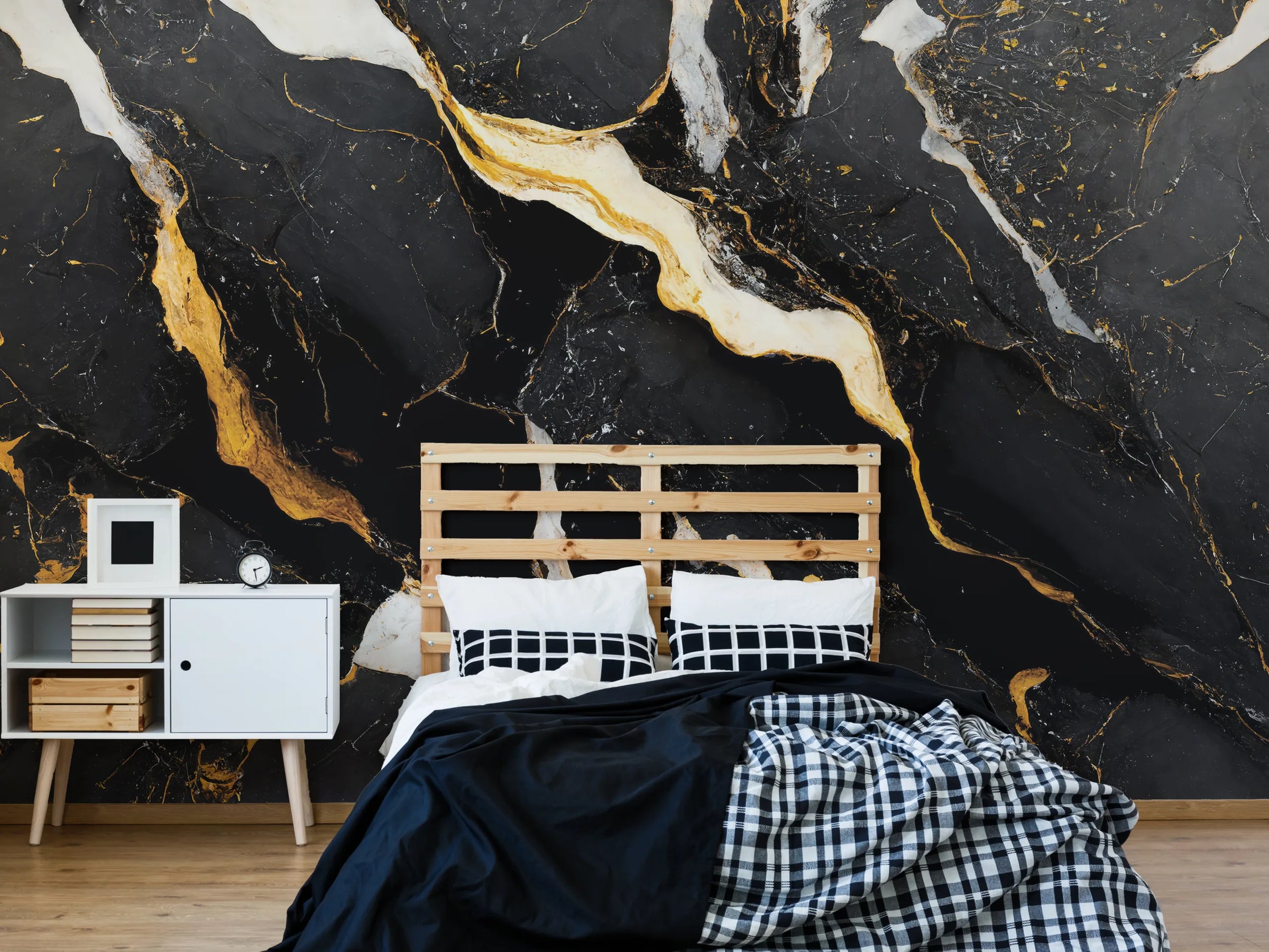 Luxury Black Marble Wall Covering | Gold Vein Rmovable Wallpaper image 1