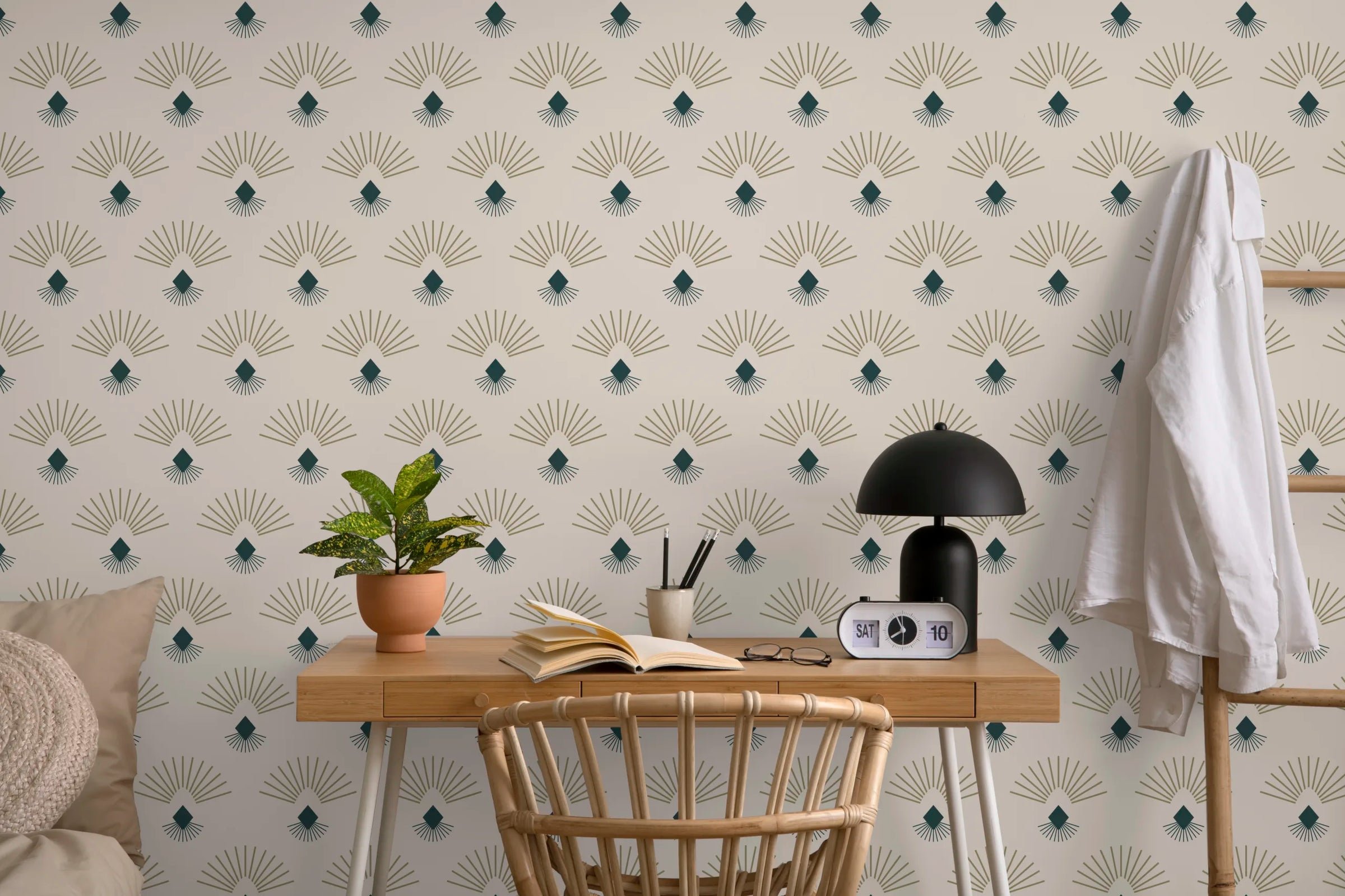 Mid Century Art Deco Wallpaper | Fan Pattern Beige Teal Peel and Stick Decor image 4