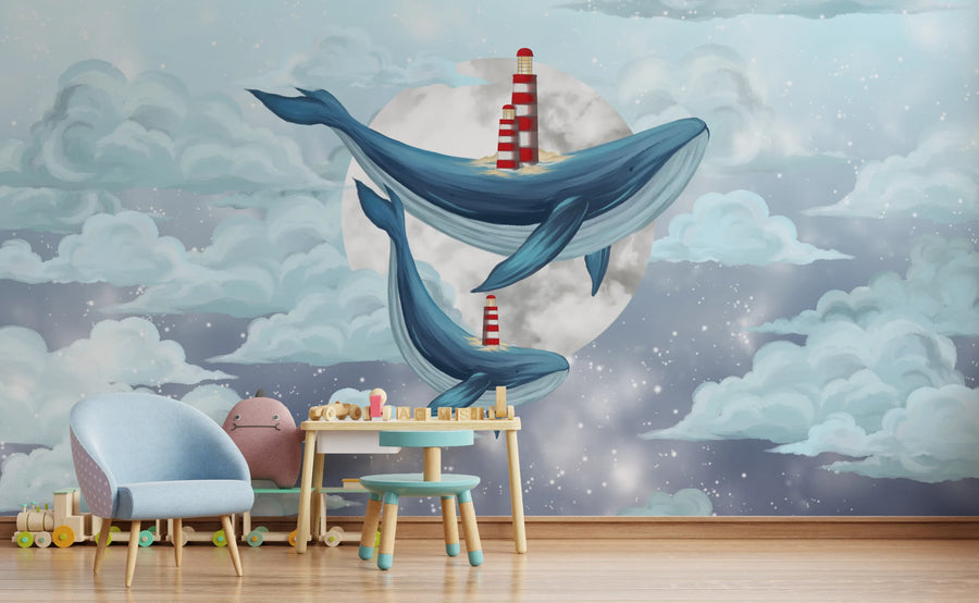 Fantasy Blue Whale Self-Adhesive Kids Wallpaper