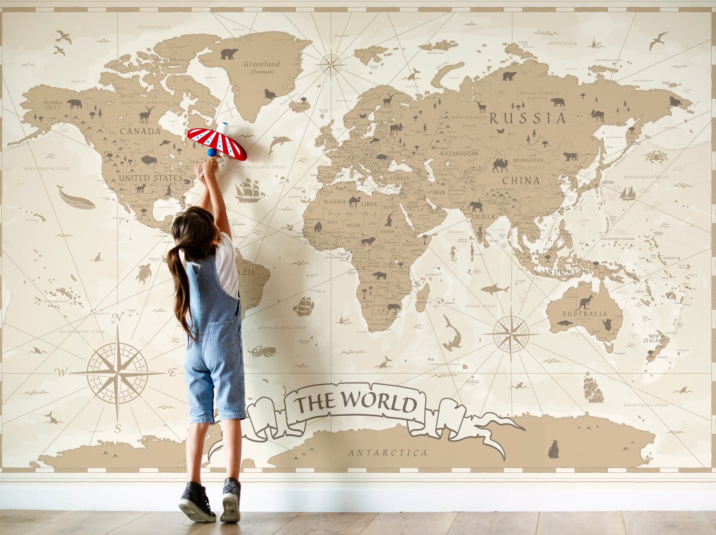 World Map Wall Decor | Beige Educational Kids Room Peel And Stick Wallpaper image 2
