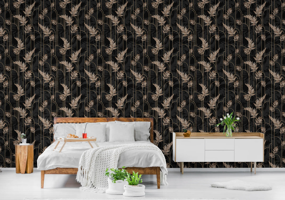 Art Deco Golden Fern Leaves Removable Wallpaper