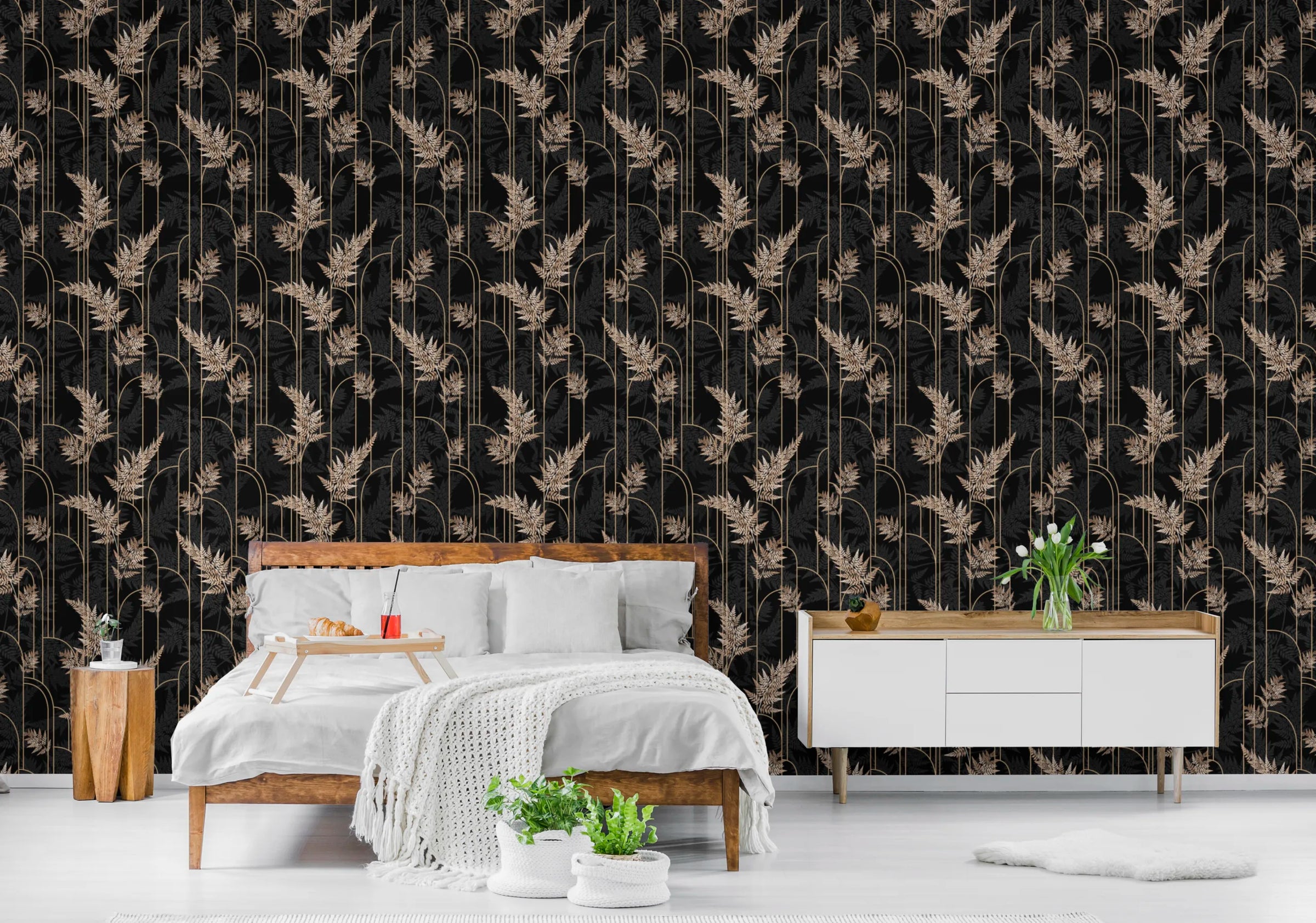 Art Deco Golden Fern Leaves Removable Wallpaper image 0