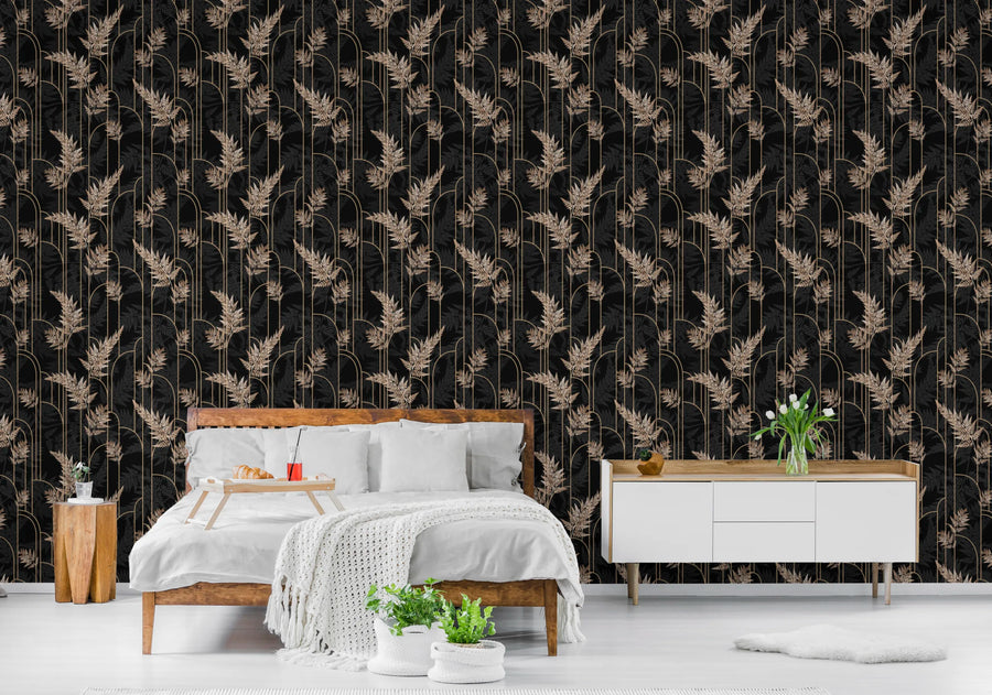 Art Deco Golden Fern Leaves Removable Wallpaper