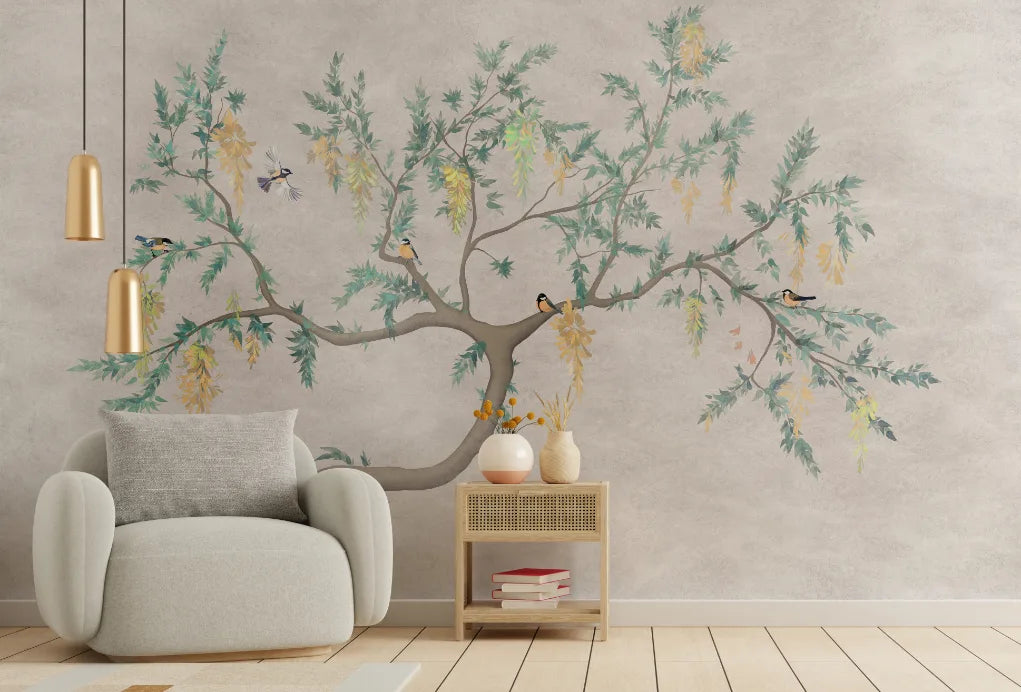 Flowering Tree Birds Wallpaper | Beige Peel-and-Stick Nature Mural image 3