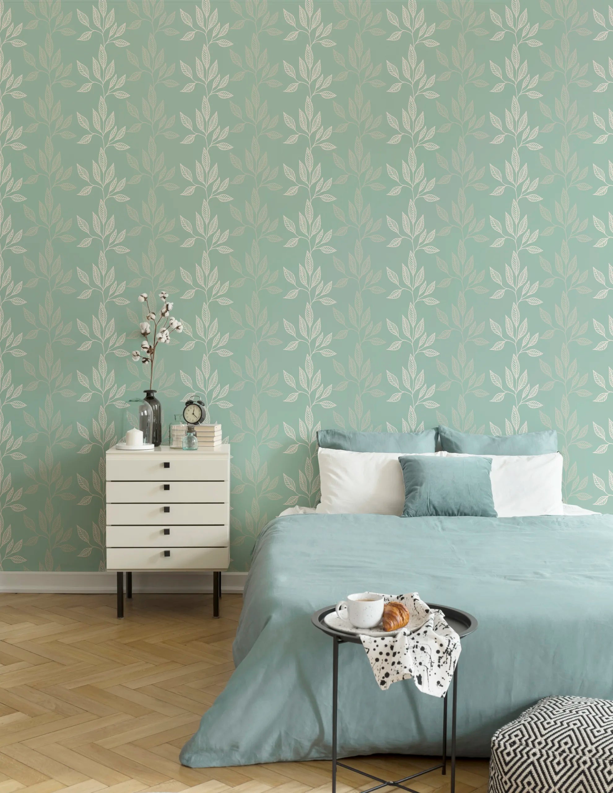 Sage Green Botanical Leaf Wallpaper | Modern Peel and Stick Wall Decor image 2