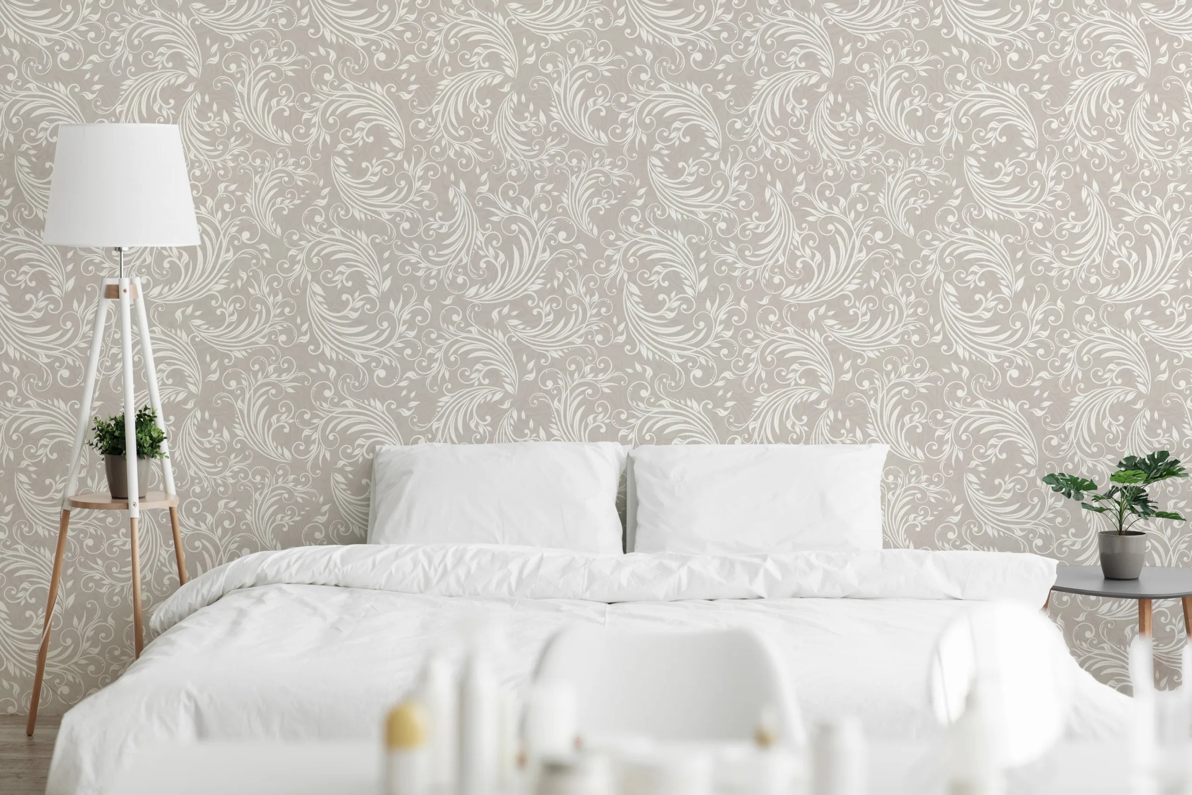 Damask Inspired Scroll Wallpaper | Gray Vintage Baroque Peel and Stick Wallpaper image 2
