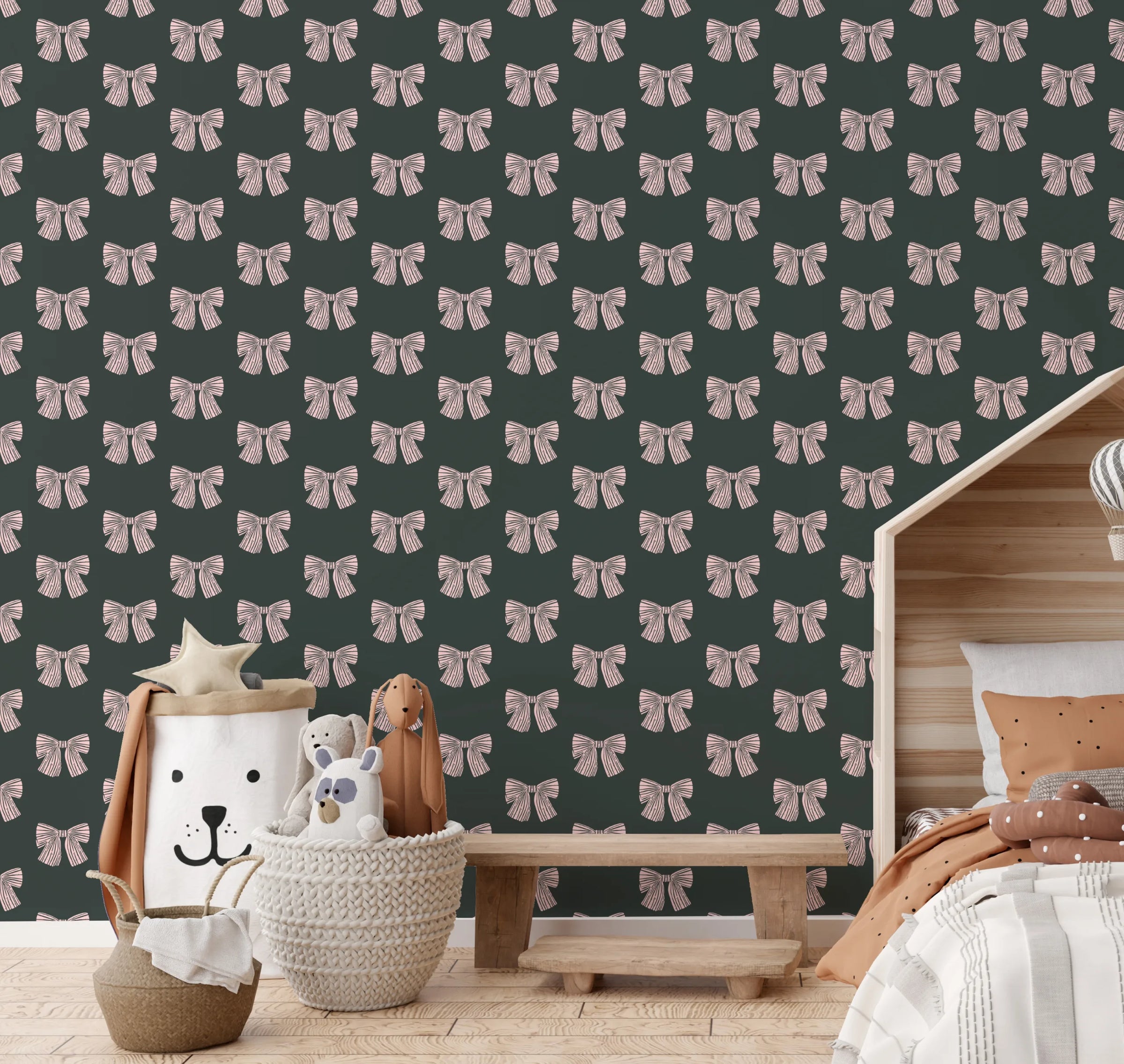 Cute Pink Bow Pattern Wall Covering| Dark Green Peel and Stick Wallpaper image 5