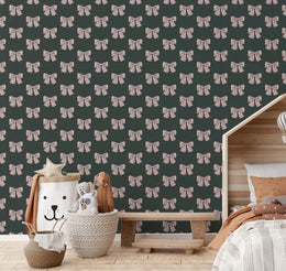 Cute Pink Bow Pattern Wall Covering| Dark Green Peel and Stick Wallpaper image 5