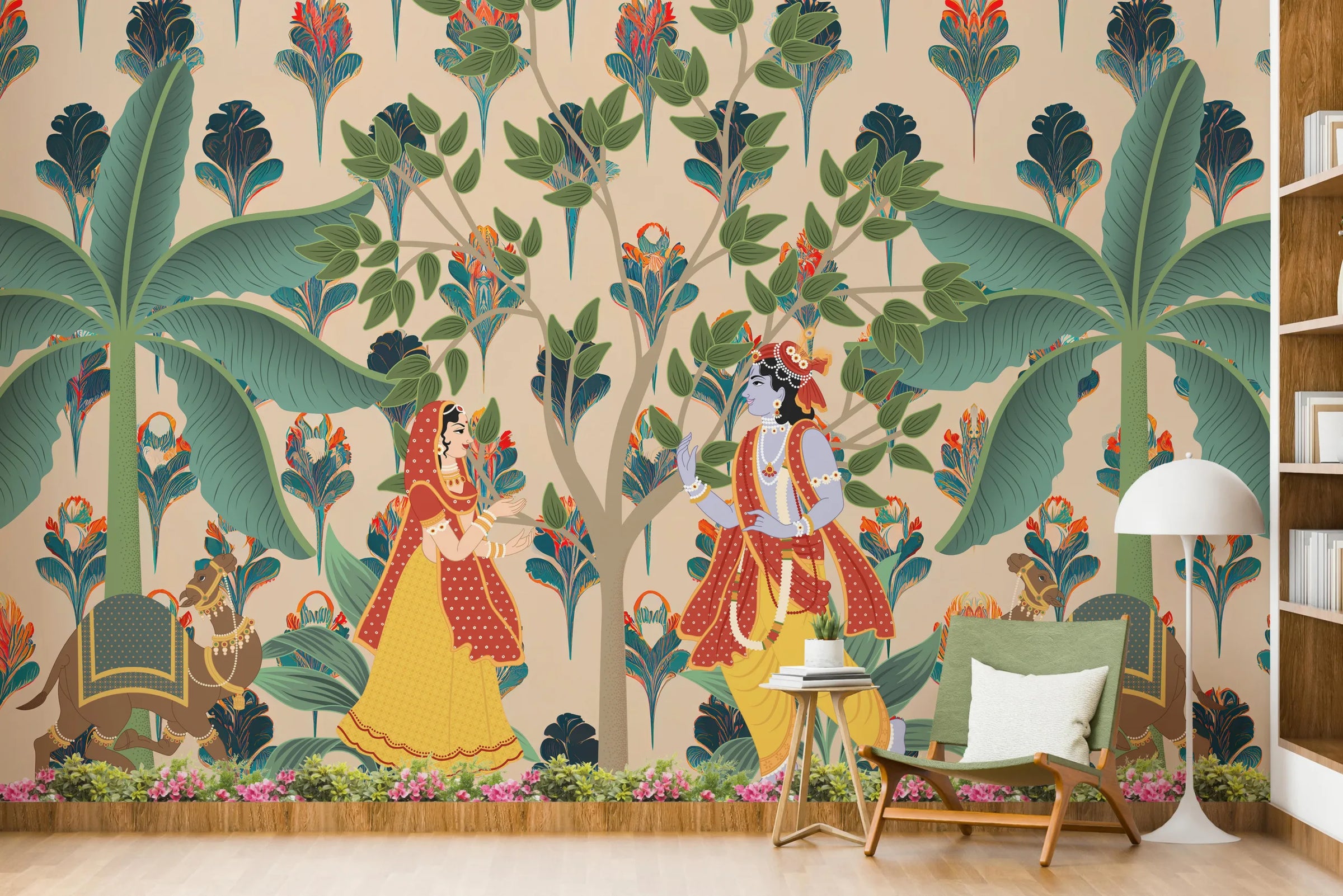 Radha Krishna Pichwai Indian Wallpaper | Pooja Room Peel and Stick Wallpaper image 2