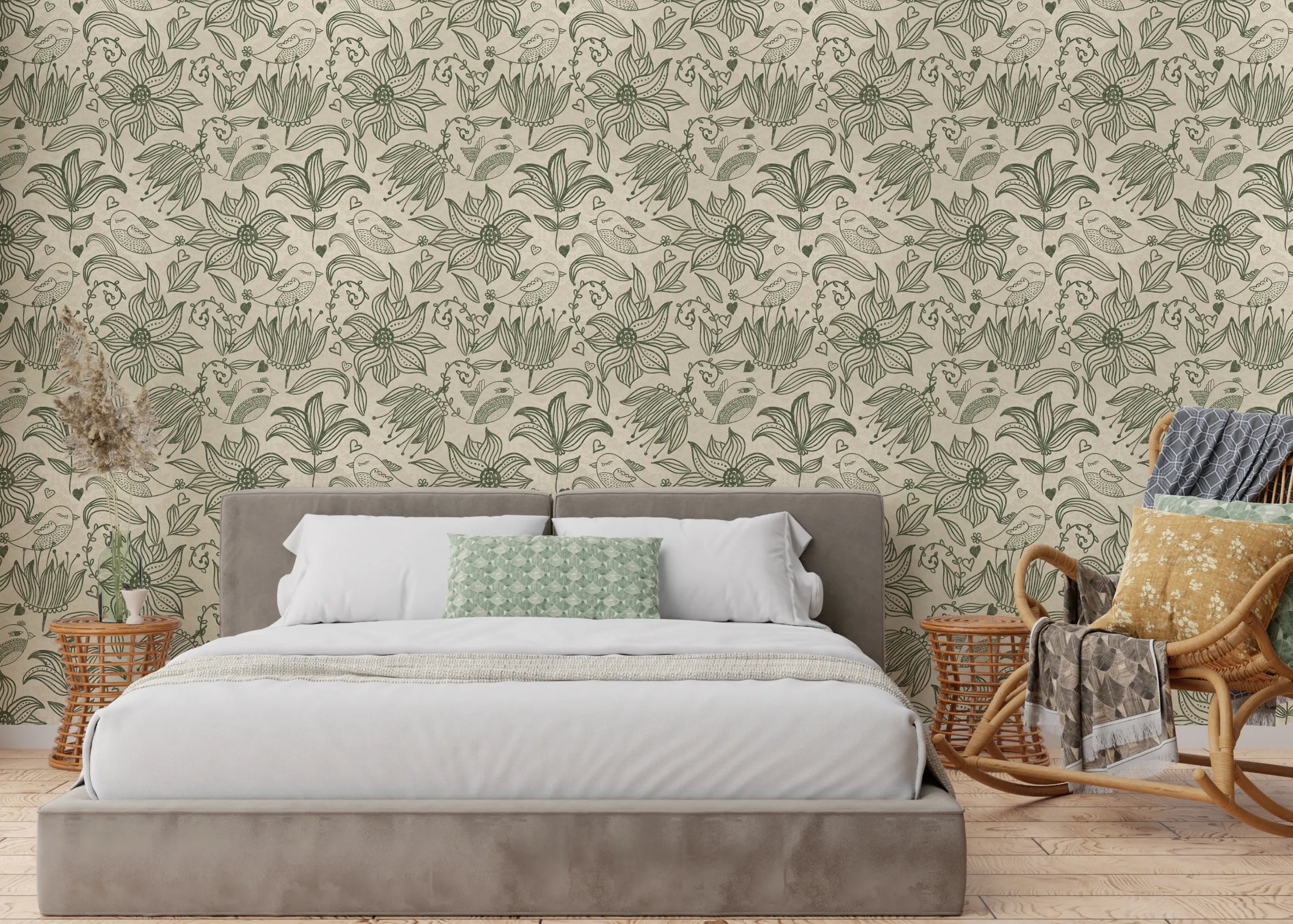 Botanical Bird Floral Wall Decor | Sage Green Line Art Removable Wallpaper image 3