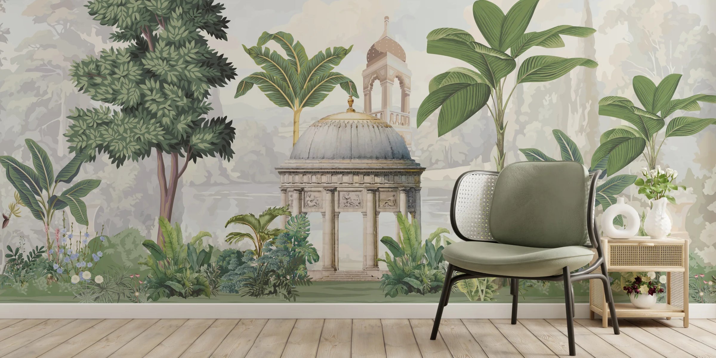 Vintage Palace Garden Mural | Green Inidan Peel and Stick Wallpaper image 5