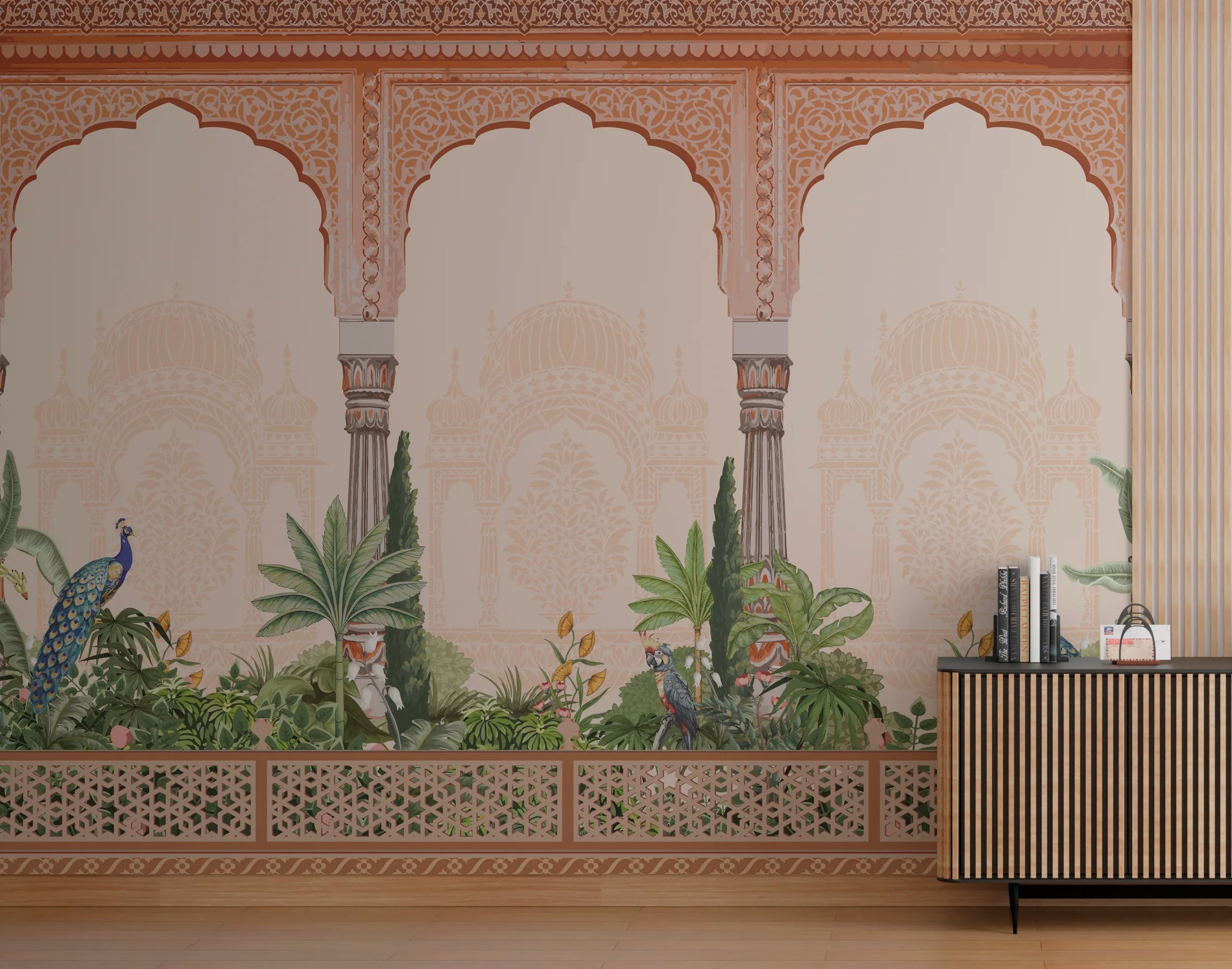 Indian Palace Peacock Wallpaper | Botanical Arch Peel And Stick Wall Mural image 0