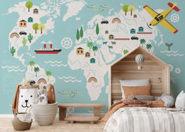 World Map Blue Child Room Peel and Stick Wallpaper image 3
