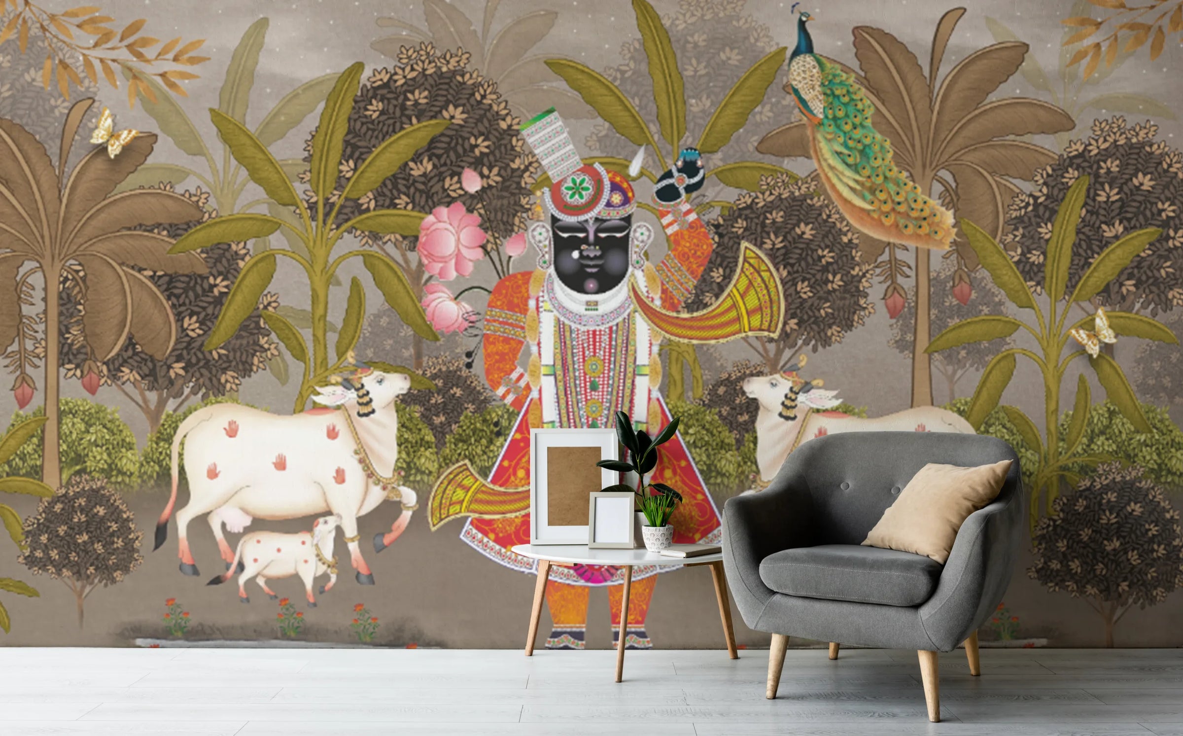 Indian Pichwai Wallpaper | Shreenath Ji Art Pooja Room Peel Stick Wallpaper image 2